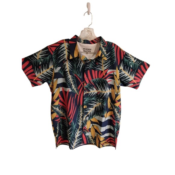 Peacock Sleeves Floral Beach Camp Hawaiian Button Up Shirt Mens Medium - Picture 1 of 4